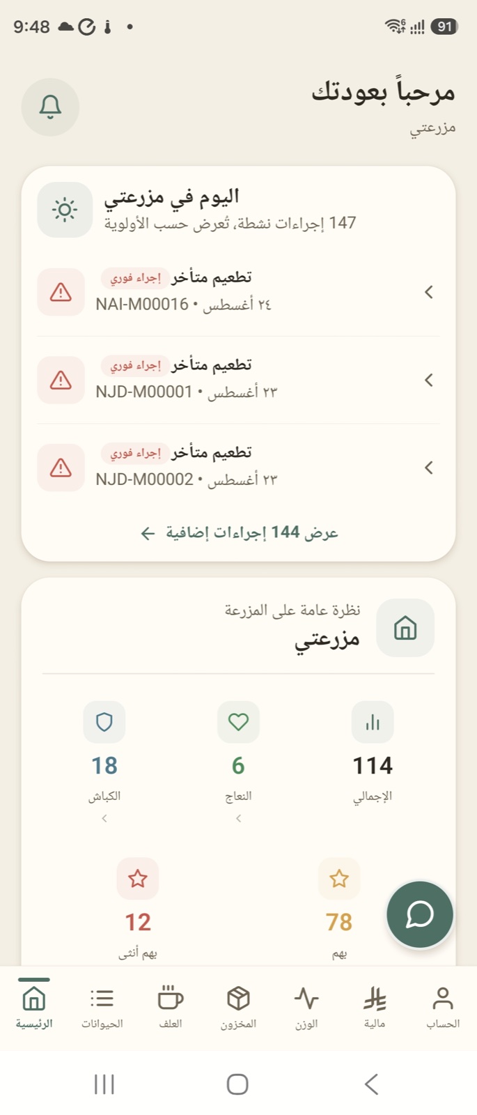 لوحة إدارة مزرعة المواشي في تطبيق وسم مراح